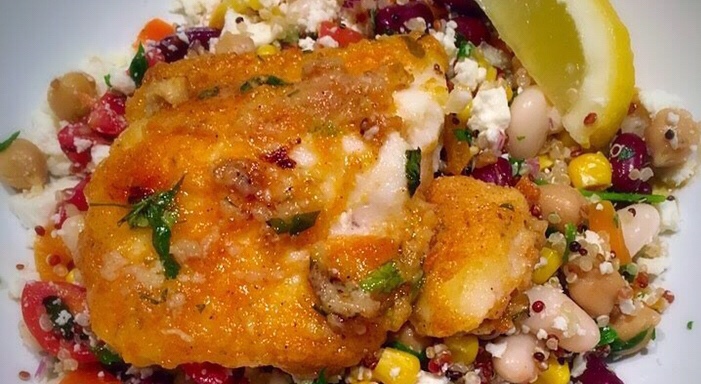 Baked cod with galic and lemon, on beans and feta salad