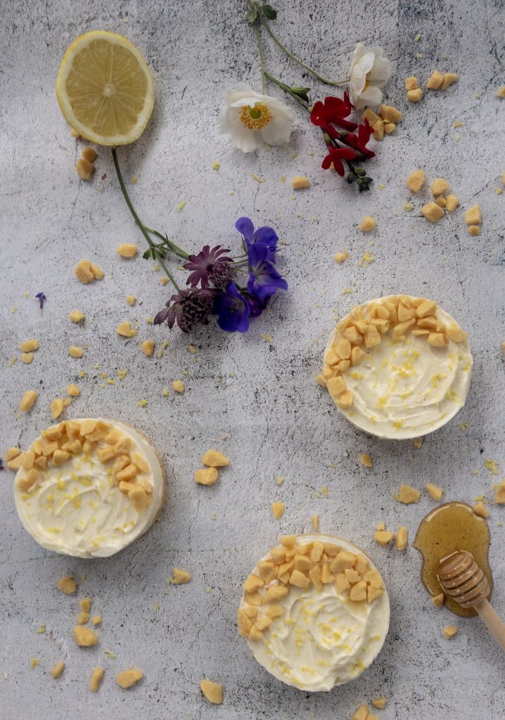 Lemon and honey mini cheesecakes flatlay view
