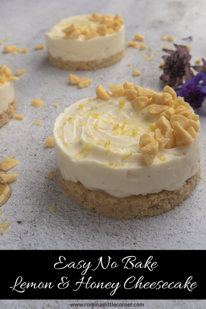 Pinterest image for no bake lemon and honey cheesecake
