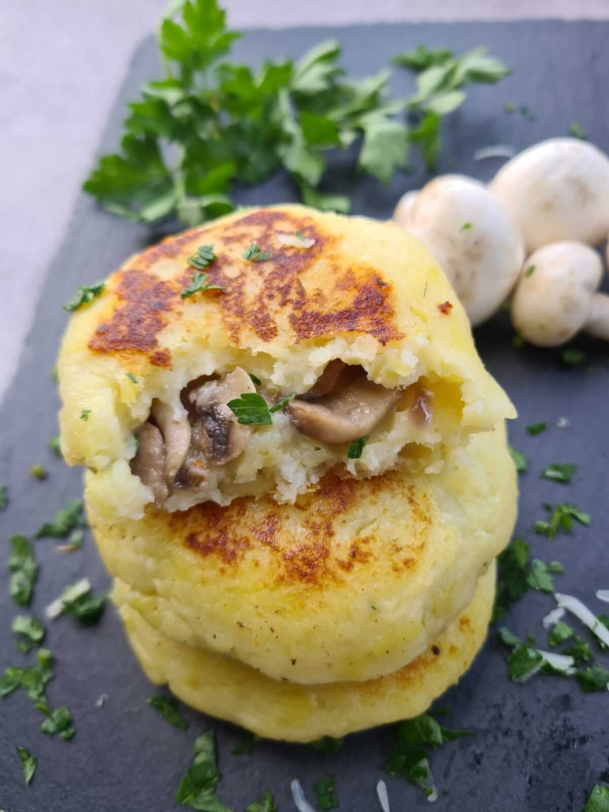Mushroom stuffed potato cakes